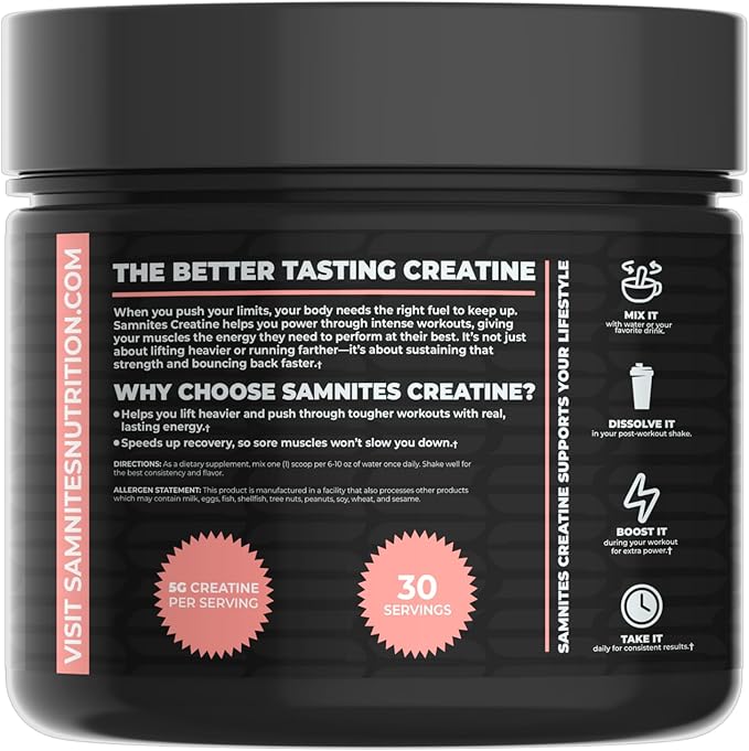 Samnites Creatine Monohydrate Powder Pink Lemonade Flavor 5g per Serving 30 Servings Gluten Free Soy Free