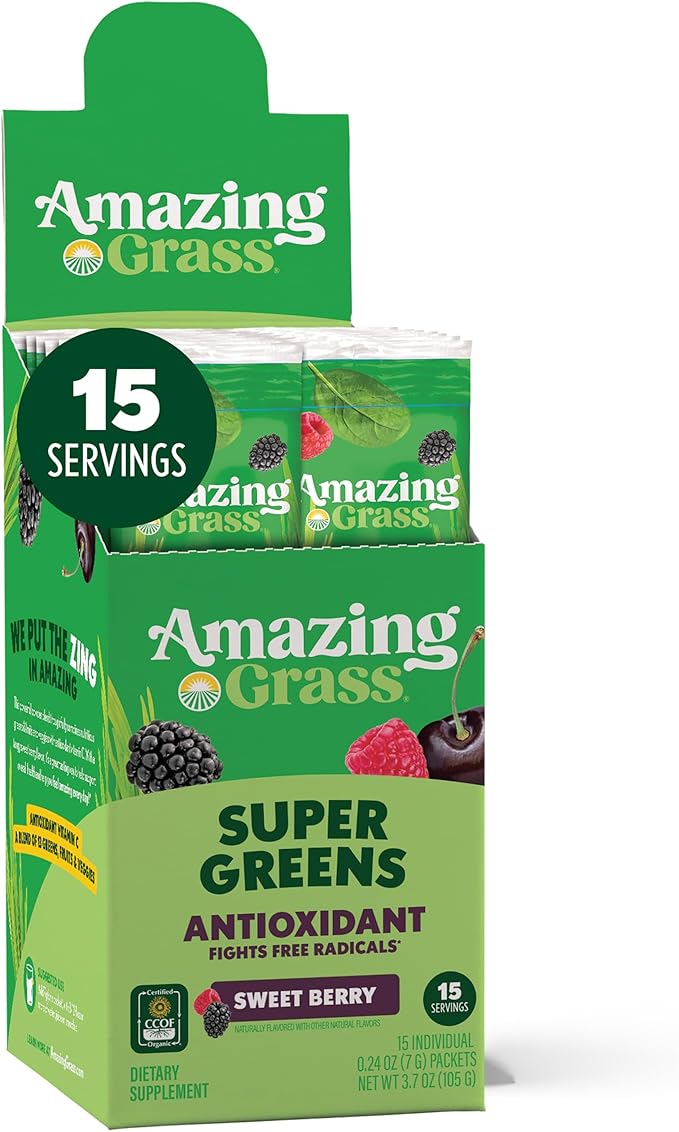 Amazing Grass Greens Blend Antioxidant: Super Greens Powder with Spirulina Beet Root Powder Elderberry Prebiotics &amp Probiotics Sweet Berry 15 Servings (Packaging May Vary)