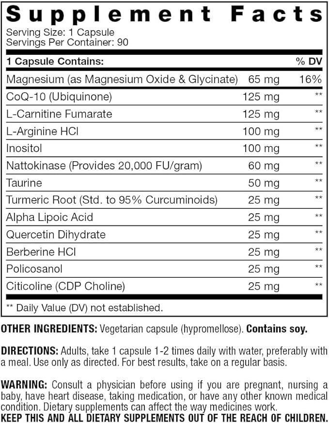 Heart Support - with CoQ-10 Quercetin L-Carnitine Fumarate L-Arginine Berberine Inositol Magnesium Citrate &amp Taurine | Supports Heart &amp Cardiovascular Health | Supplement - 90 Capsules