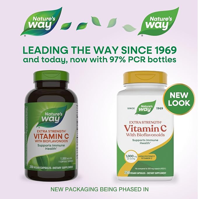 Nature's Way Extra Strength(1) Vitamin C with Bioflavonoids Supports Immune Health* Promotes Collagen Production for Healthy Skin* 1000 mg per Capsule 250 Vegan Capsules (Packaging May Vary)