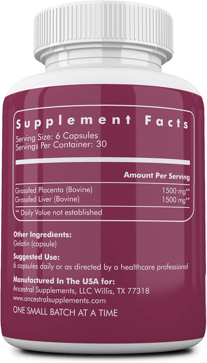 Ancestral Supplements Grass Fed Placenta Supplement with Liver Contains Postpartum Vitamins for Women Breastfeeding Promotes Menopause Relief Stem Cells Support Skin Elasticity 180 Capsules