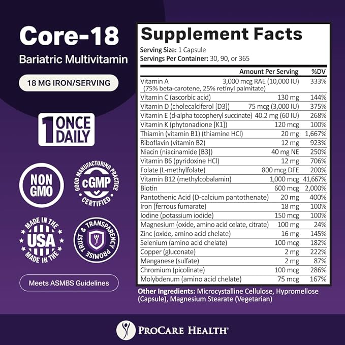 ProCare Health Bariatric Multivitamin with 18mg Iron (3 Month Supply) Post-Op Vitamins Bariatric Surgery Patients Supports Recovery (90 Easy to Swallow Capsules)