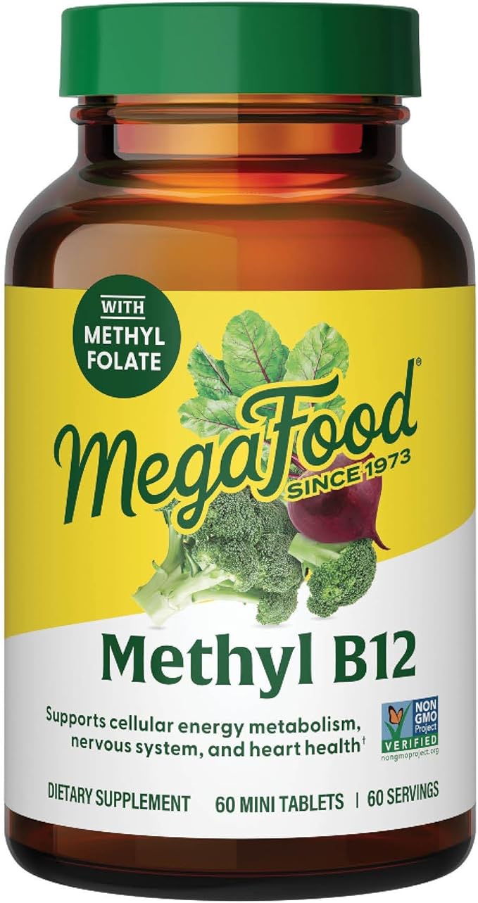 MegaFood Methyl B12 - Vegan - Includes Methyl Folate Vitamin B12 &amp B6 - Supports Cellular Energy Production Nervous System Health &amp Cardiovascular Function - 60 Tablets