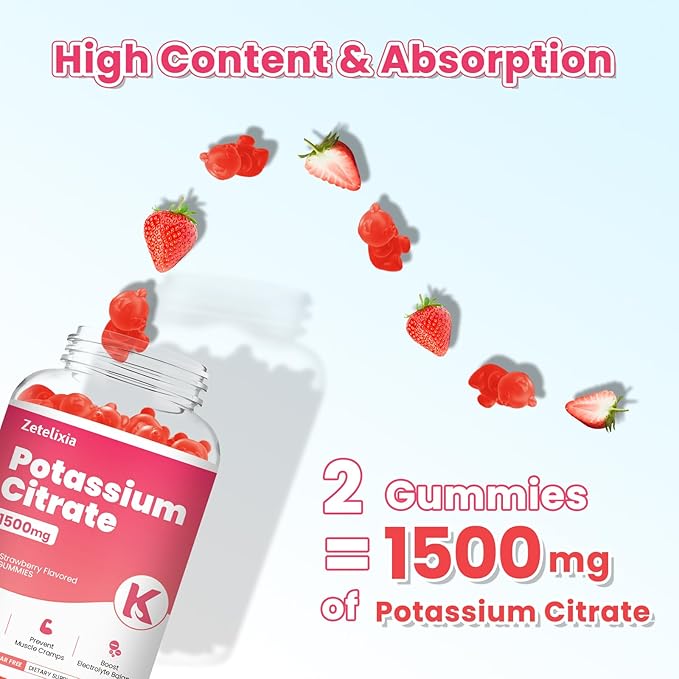 2 Pack Potassium Gummies for Adults Women &amp Men Potassium Citrate Supplement Support Leg Cramps Muscle Health &amp Electrolyte Balance Sugar Free Organic Vegan Strawberry 120 Cts