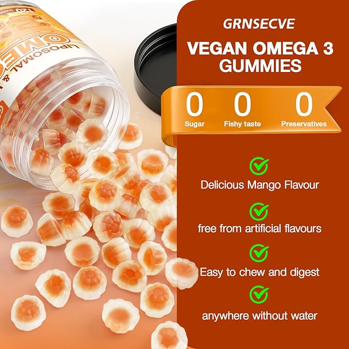 Vegan Omega-3 Gummies - Fish Oil Omega 3 Supplements Alternative for Adults - Algae DHA 600mg &amp EPA 400mg Vitamin D3 K2 - No Fish Taste - for Brain Eye Immune Support - Sugar Free120 Count