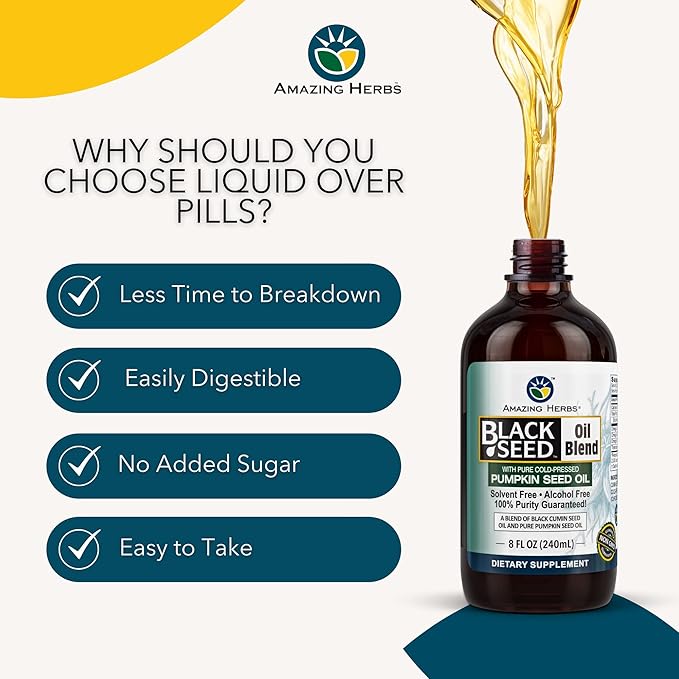 Amazing Herbs Black Seed and Pumpkin Seed Cold-Pressed Oil Blend - Gluten-Free No Preservatives High in Omega 3 6 &amp 9 Improves Immune Respones &amp Promotes Digestive Health - 8 Fl Oz
