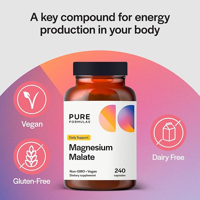 PureFormulas Magnesium Malate Capsules - Chelated Magnesium as DiMagnesium Malate - Highly Bioavailable Form to Support Energy Bone Health + Muscle Recovery malato de magnesio 360 mg - 240 Capsules