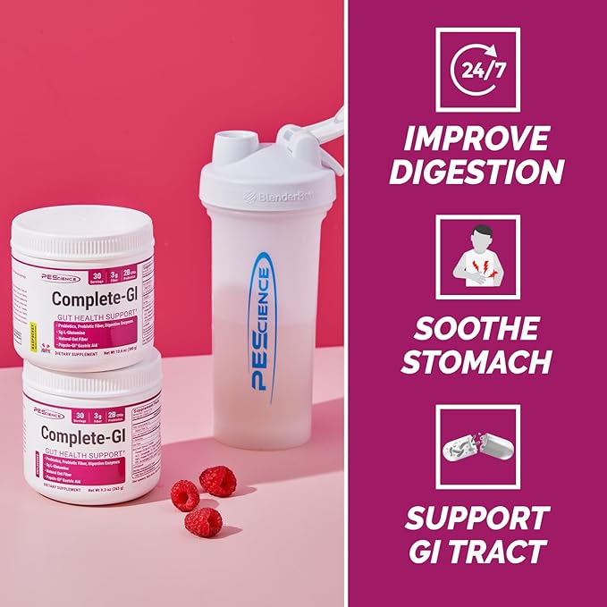 PEScience Complete-GI Gut Health Powder Probiotics for Women and Men Digestive Enzymes Prebiotic Fiber L Glutamine Pepzin GI Zinc Carnosine - Raspberry Flavor 30 Servings