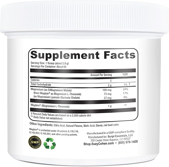 Suzy Cohen MagFocus Magnesium L-Threonate Powder with Magtein (Mixed Berry) Plus Magnesium Glycinate for Wellness Focus and Cognition - Gluten-Free Non-GMO Vegetarian (60 Servings)
