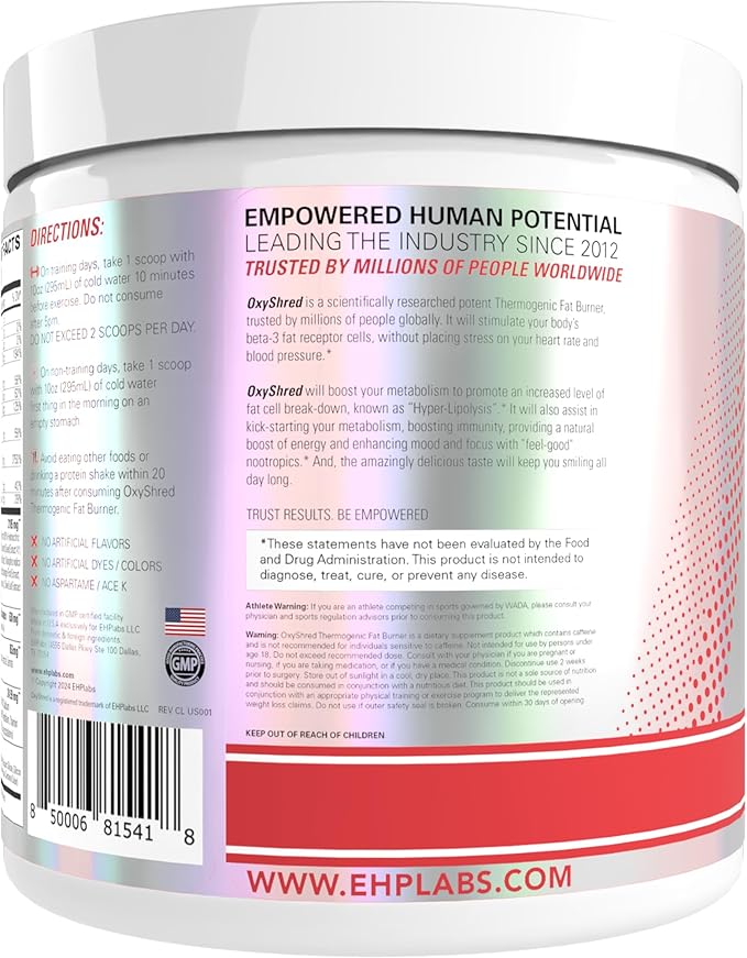 EHP Labs OxyShred Pre Workout Powder - Preworkout Powder with L Glutamine &amp Acetyl L Carnitine Energy Boost Drink - Raspberry Refresh 60 Servings