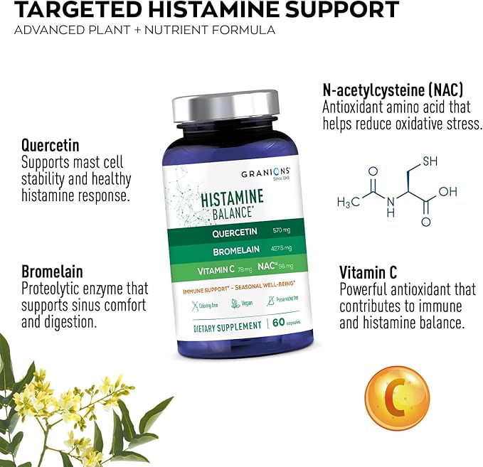 Granions Histamine Balance Complex - Quercetin with Bromelain NAC and Vitamin C - D-Hist Seasonal Histamine Blocker &amp Immune Support Supplement for Adults and Children - 60 Vegan Capsules