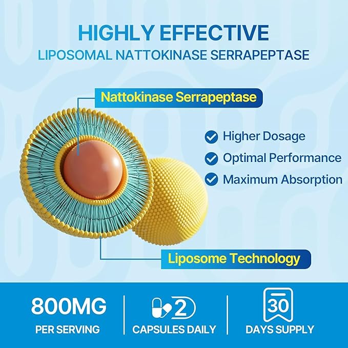 Liposomal Nattokinase 12000 FU Serrapeptase 360000 SPU Enzyme Supplement - Enriched with Synergistic Enzymes and Nutrient Blend &amp Inulin for Circulatory Gut Digestion 60 Capsules (2 Bottle)