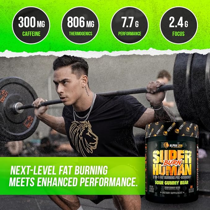 ALPHA LION Superhuman Burn 2 in 1 Metabolism Booster Pre Workout and Men's Thermogenic Fat Burner Sour Gummy Bear (Hulk Juice) Package Varies