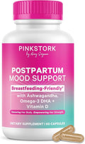 Pink Stork Postpartum Mood Support - Postnatal Hormone Balance for Women - Breastfeeding Friendly - Stress &amp Cognitive Support New Mom Essentials - Ashwagandha Chamomile &amp Vitamin D 60 Cap