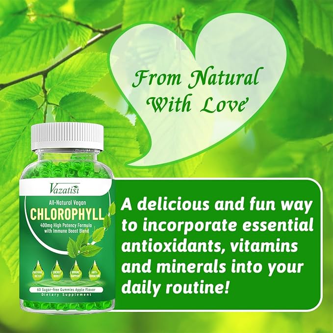 Chlorophyll Gummies - Super Green 13 in 1 with Ashwagandha Vitamin C Zinc &amp Copper for Body Odor Skin Energy Immune Support Deodorant for Women - 120 Count