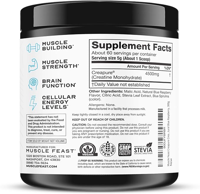 Muscle Feast Creapure Creatine Monohydrate Powder Vegan Keto Friendly Gluten-Free Muscle Recovery Supplement and Trusted Creatine for Muscle Growth Flavored Creatine Natural Blue Raspberry 300g