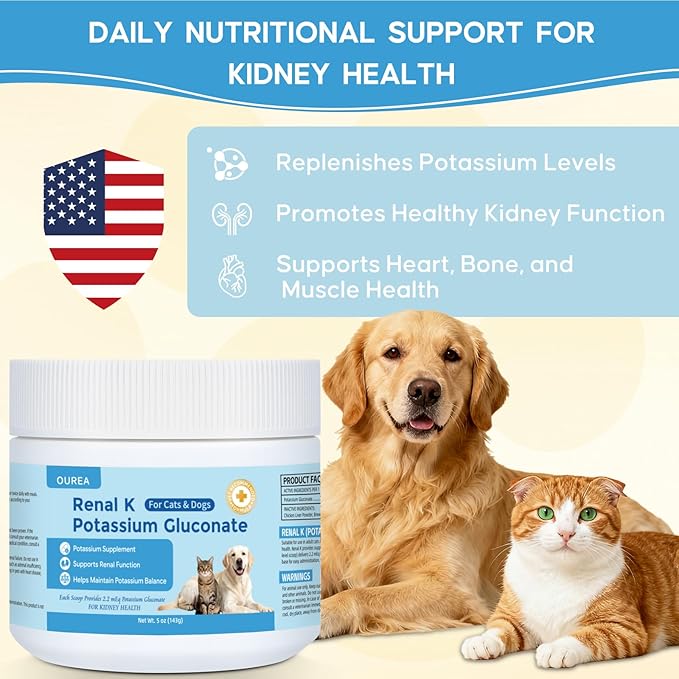 Renal K Potassium Gluconate for Dogs and Cats – 2.2 mEq per Scoop – Supports Kidney Function Restores Potassium Levels – Boosts Energy – Muscle Strength – Vet-Recommended