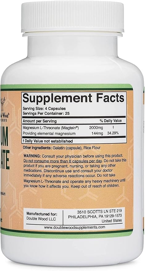 Magnesium L Threonate Magtein™ Sleep and Cognitive Support – High Absorption – Most Bioavailable Form of Magnesium – 2000 mg – 100 Capsules