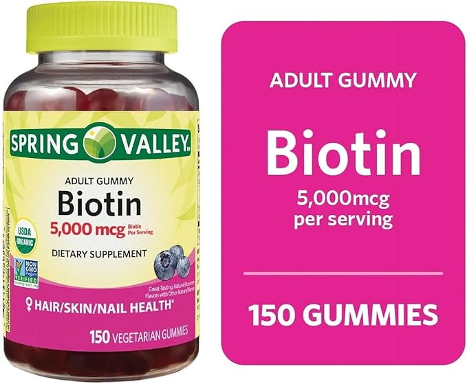 Spring Valley Biotin 5000mcg- Blueberry Flavor Hair Skin and Nails 150 Gummies (Pack of 1) Set by Basket Goods