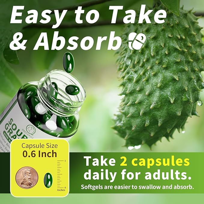 Soursop Graviola Capsules with Kelp for Cell Regeneration Enhances Immunity Digestive Support Anti-oxidant* Properties Gluten Free 120 Counts