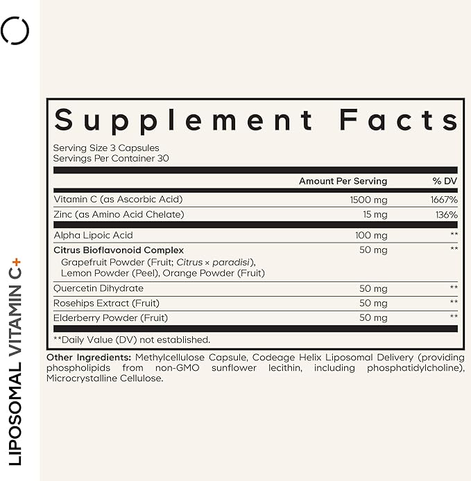 Codeage Liposomal Vitamin C Vitamins with Zinc Elderberry Citrus Bioflavonoids Ascorbic Acid Quercetin &amp Rose Hips Fruit Vitamina C Liposomal Supplement Pills - Non-GMO Vegan - 90 Capsules