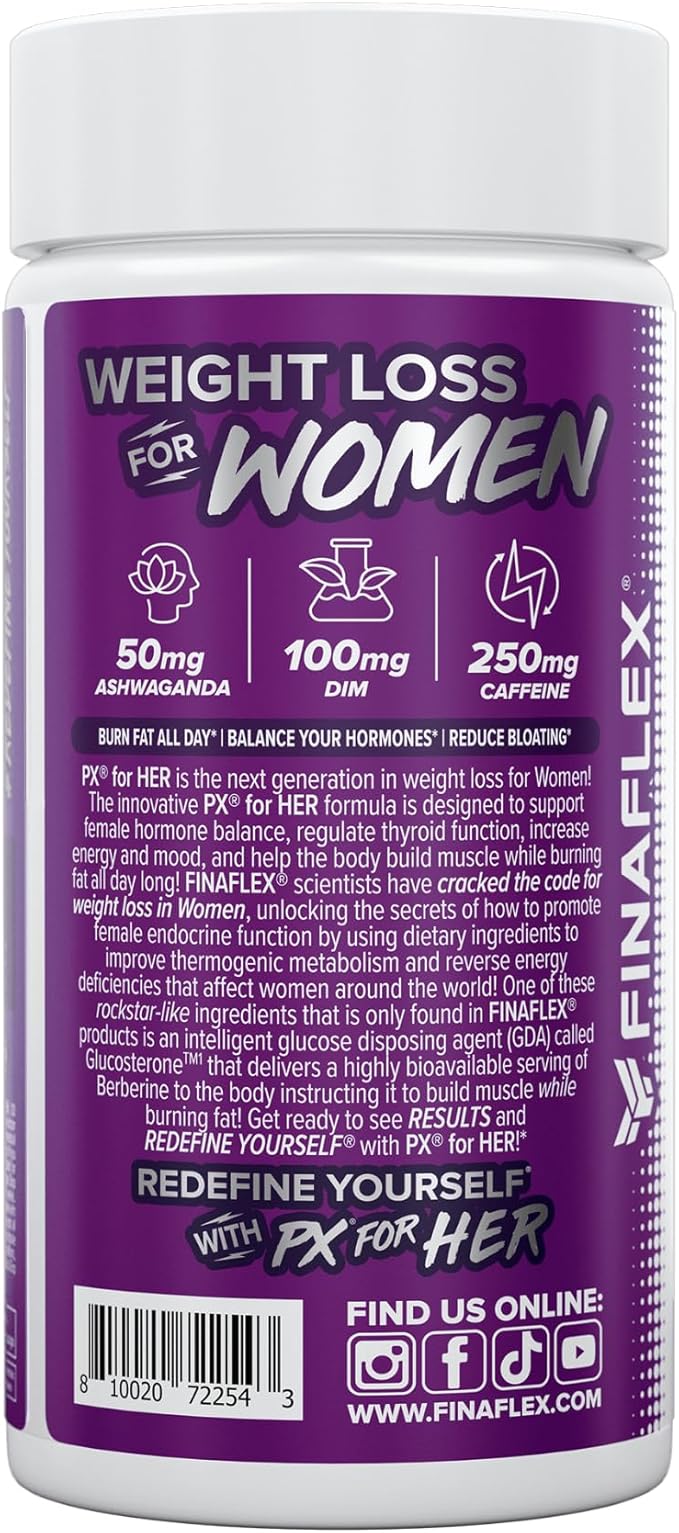 FINAFLEX PX for HER - 60 Capsules - Improves Thermogenic Metabolism with Caffeine Ashwagandha &amp DIM - 30 Servings