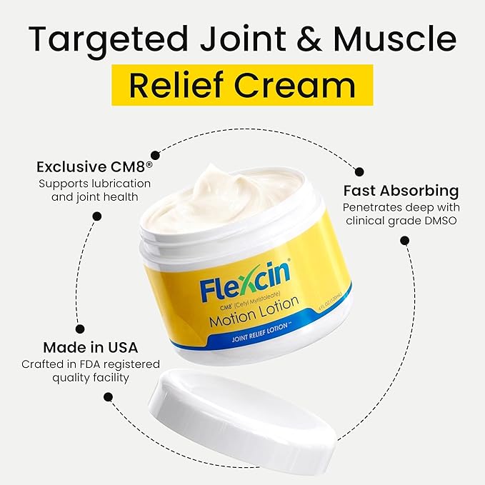 Flexcin Motion Lotion with CM8 - Joint &amp Muscle Therapy Cream for Back Neck Knee Hand Foot - Fast Absorbing with DMSO Emu Oil Aloe Vera - Non-Greasy 4oz Jar
