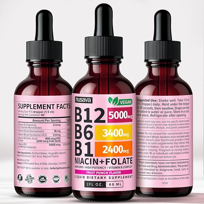 (2 Pack) Vitamin B12 and B6 Liquid Drops B12 Sublingual Vitamin B Complex - B 12 Vitamin 5000mcg - B12 Methylcobalamin for Energy Brain and Heart Support with 27200 mcg Fruit Punch 80 Servings