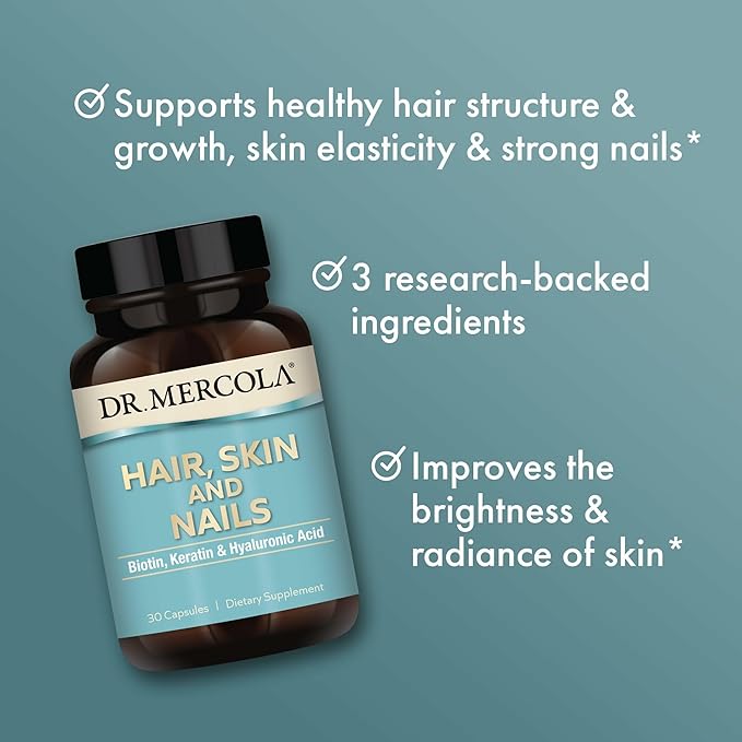 Dr. Mercola Hair Skin and Nails - Provides Biotin Keratin &amp Hyaluronic Acid - Premium Quality - Supports Healthy Aging - Non-GMO Gluten-Free &amp Soy-Free - 30 Capsules (3 Pack)