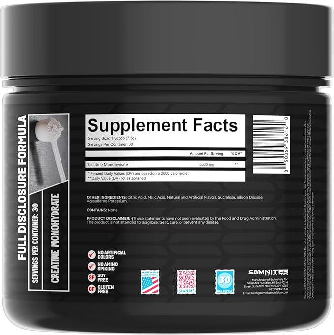 Samnites Creatine Monohydrate Powder Pink Lemonade Flavor 5g per Serving 30 Servings Gluten Free Soy Free