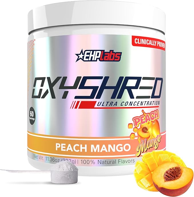 EHP Labs OxyShred Pre Workout Powder - Preworkout Powder with L Glutamine &amp Acetyl L Carnitine Energy Boost Drink - Peach Mango 60 Servings