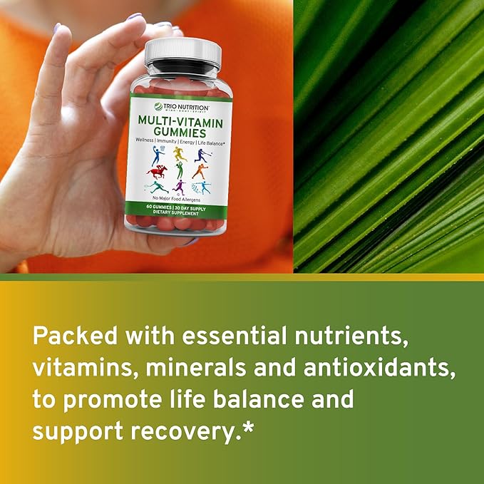 TRIO NUTRITION Daily Multivitamin Gummies for Men &amp Women - Natural Fruit Flavor with Essential Vitamins A B C D E &amp Zinc - No Major Allergens Immune Support &amp Energy Boost Supplement