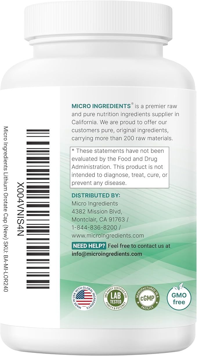 Micro Ingredients Lithium Orotate 5mg 240 Vegetarian Capsules | 5mg Per Serving | Elemental Lithium Trace Mineral | Stable Low-Dose Orotate Form | Non-GMO Filler Free