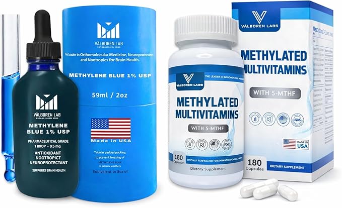 Methylene Blue 1% Liquid (59ML) + Methylated Multivitamin Bundle – Active 5-MTHF Methyl B12 &amp B Complex – 180 Capsules – Made in USA – Third Party Tested Supplements