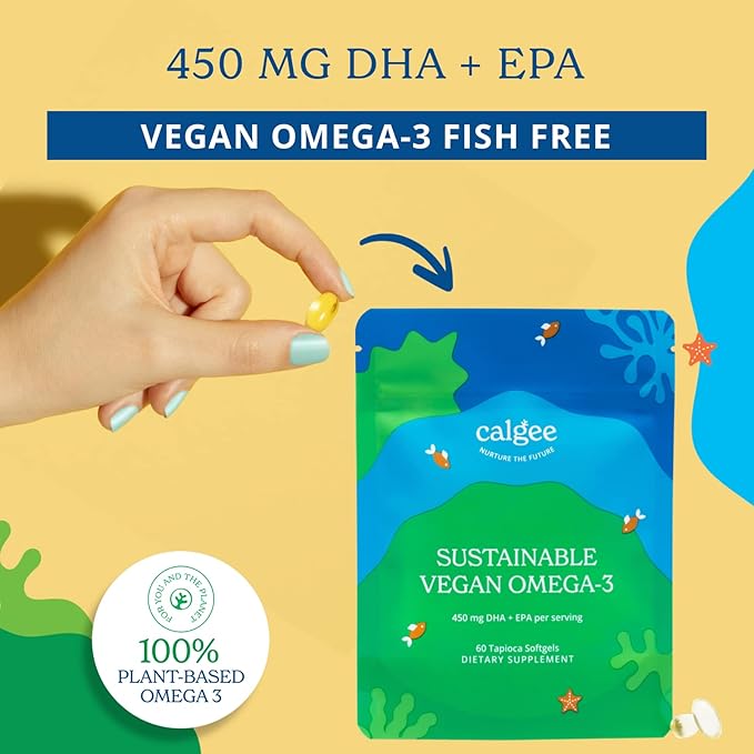 Calgee Vegan Omega 3 Supplement 450mg DHA &amp EPA Fatty Acids from Algae Oil Plant-Based Fish Oil Alternative Carrageenan-Free Softgels Non-GMO 120 Count