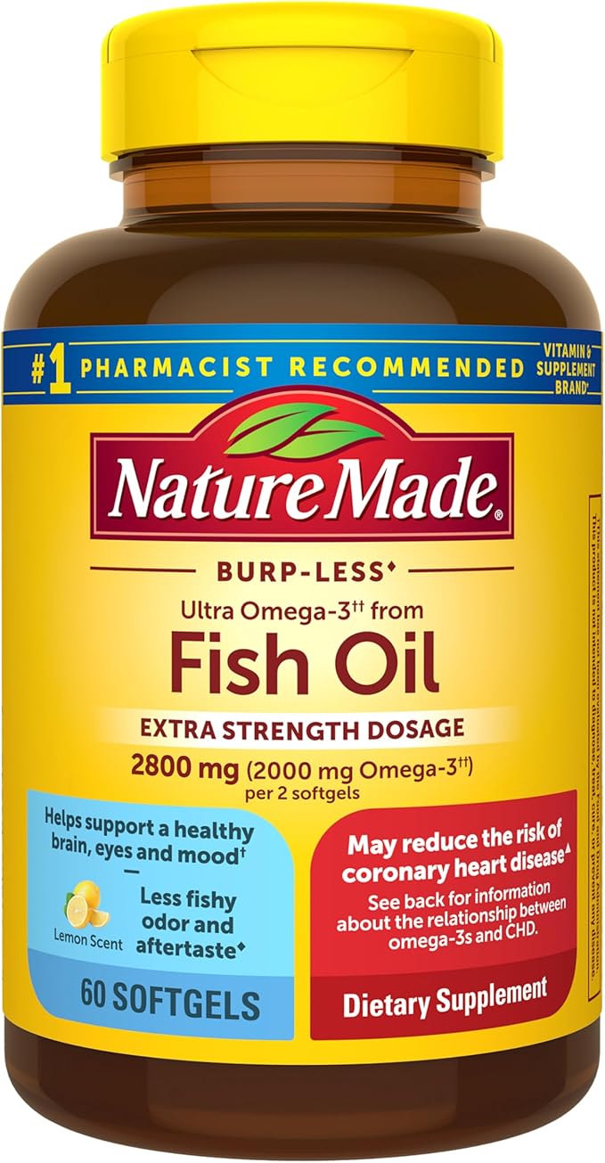 Nature Made Extra Strength Omega 3 Fish Oil Supplements 2800mg Fish Oil Omega 3 Supplements as Ethyl Esters for Healthy Heart Brain Eyes Mood Support 60 Softgels 30 Day Supply