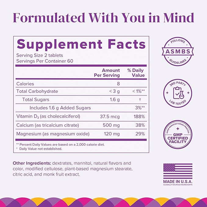 BariMelts Calcium Citrate with Vitamin D3 &amp Magnesium 120 Smooth-Dissolving Tablets (1-Month Supply) Bariatric Calcium Supplements for Women Natural Berry Flavor