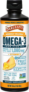 Barlean's Omega 3 Fish Oil Liquid Supplement with Vitamin D for Men and Women 1080mg of EPA and DHA Fatty Acid Promotes Brain &amp Heart Health - Non-GMO Mango Peach 16 oz