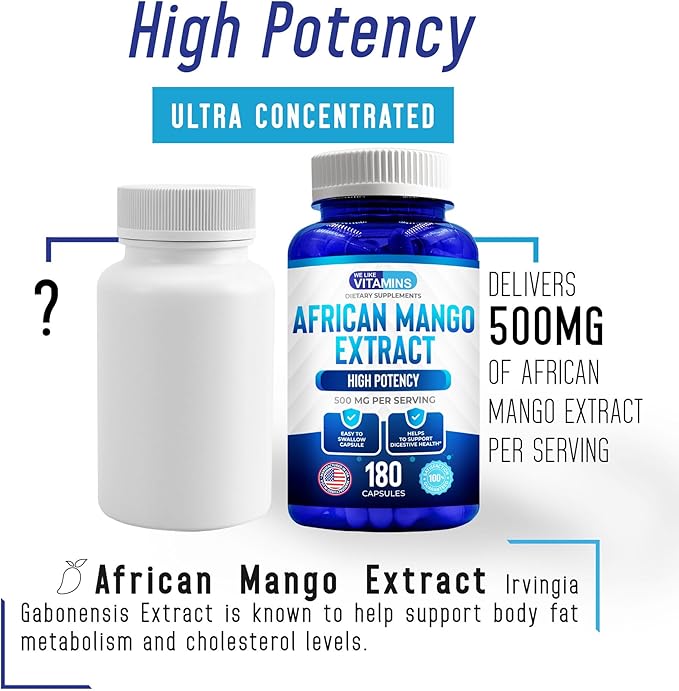 We Like Vitamins African Mango Extract 500mg -180 Capsules - 6 Month Supply of African Mango Capsules – Supports Metabolism of Fat and Digestive Health