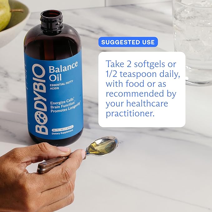 BodyBio Balance Oil - Vegan Omega 3 6 Supplement – Cold-Pressed Safflower &amp Flaxseed Oil – Supports Brain Function Healthy Skin and Mood