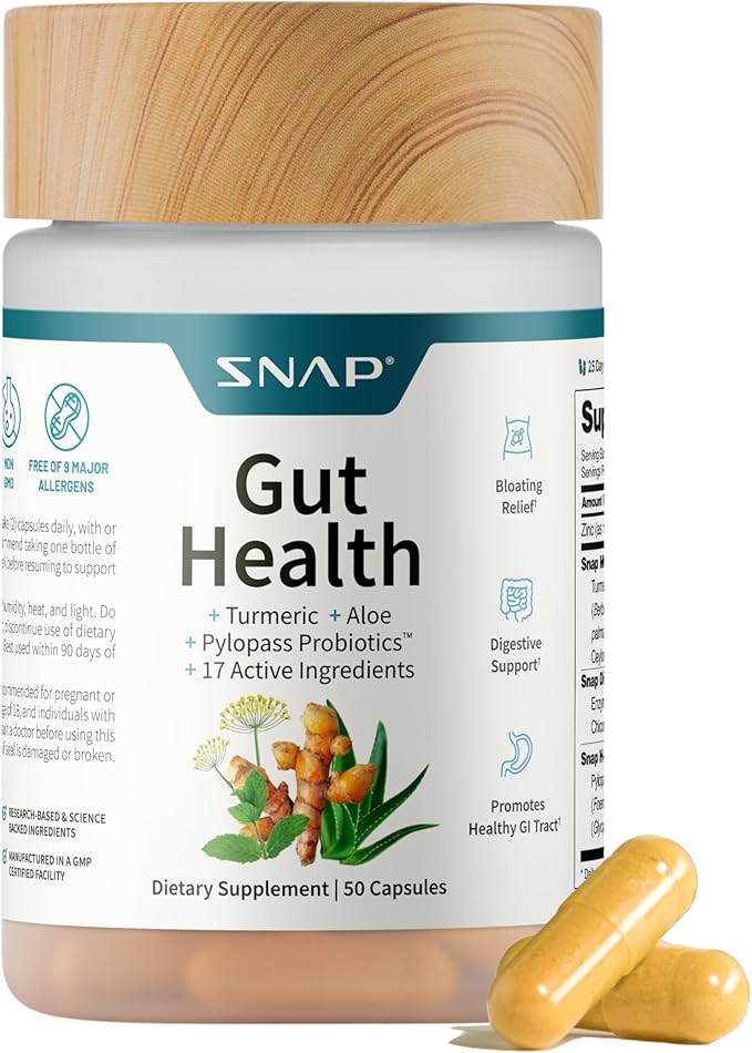 Snap Supplements Gut Health Lipase Supplement with Probiotics for Women &amp Men Digestive Enzymes &amp Prebiotics - Turmeric Aloe Pylopass &amp Zinc 50 Vegetarian Capsules