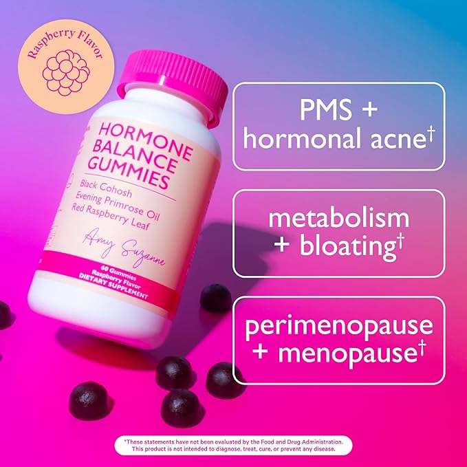 Amy Suzanne Hormone Balance Gummies for Women - Hormone Harmony for Mood Energy Bloating - Hormonal PMS Perimenopause &amp Menopause Support - Red Raspberry Leaf &amp Black Cohosh - 60 Gummy Supp