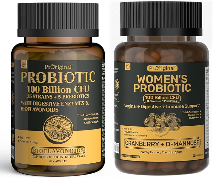 Probiotics Bundle for Women &amp Men – 2 Pack Gut Health Support | 100 Billion CFU Probiotics with Prebiotics Enzymes &amp Citrus Bioflavonoids + Women’s Probiotic for Digestive Vaginal &amp Urin