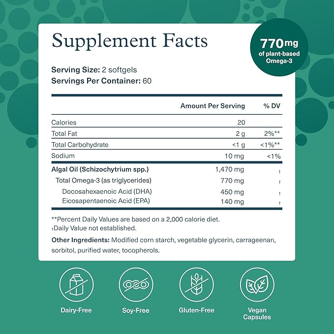 Youtheory Ocean-Friendly Omega - Vegan Algae Omega 3 Softgel - with EPA &amp DHA - Heart Eye &amp Brain Health - Recyclable Aluminum Container - Gluten Soy &amp Dairy Free - 120 Softgels