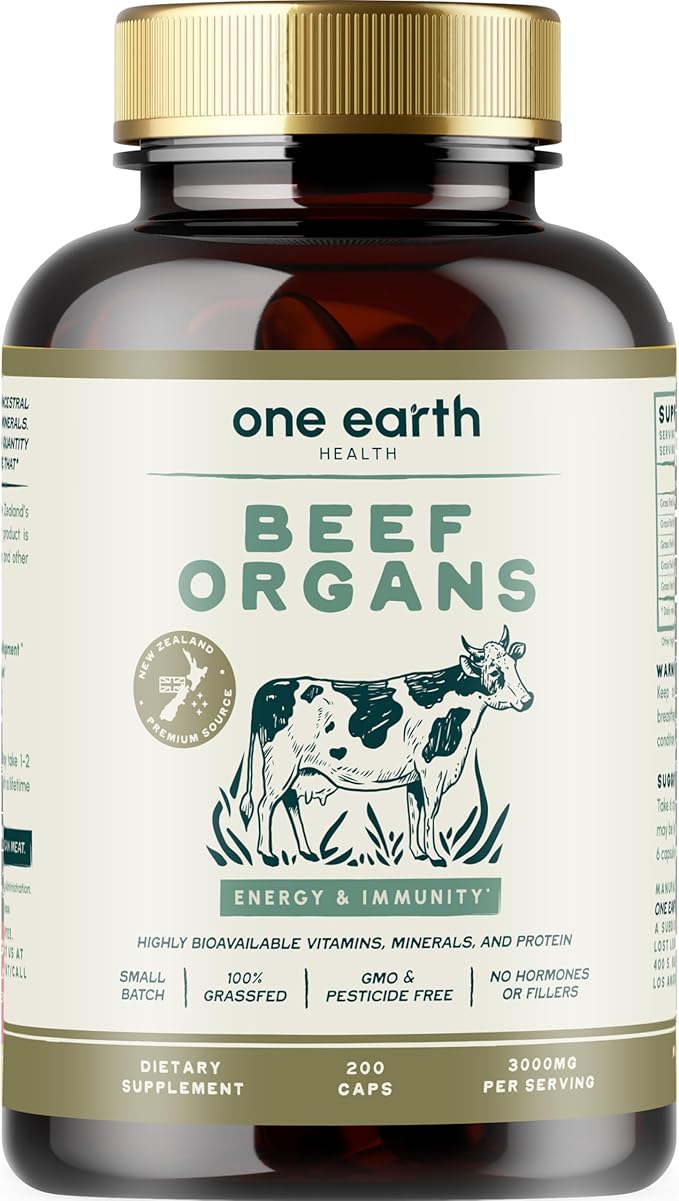 One Earth Health New Zealand 100% Grass Fed Beef Organs – (200 Count 3000mg Serving) Liver Heart Kidney Pancreas Spleen Supplement. Organ Meat Complex sourced from New Zealand