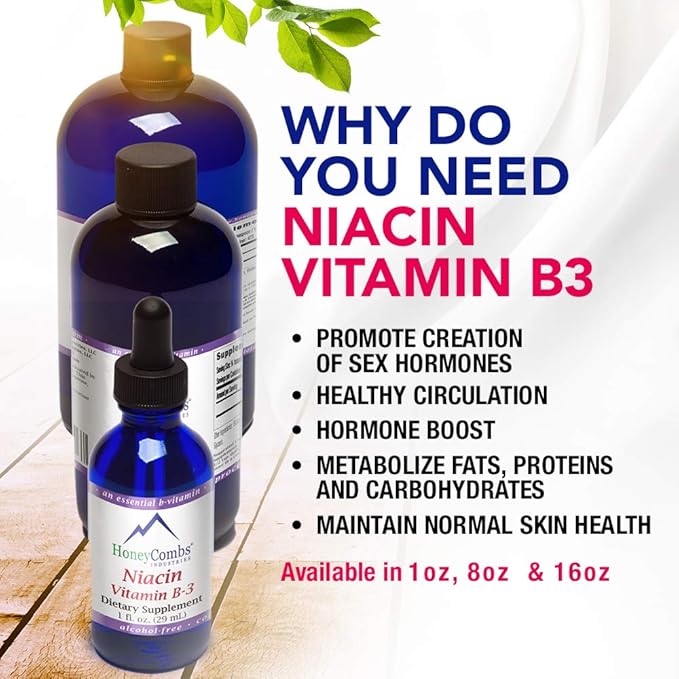 HoneyCombs Vitamin B3 Niacin Supplement Liquid Drops - High Potency Vitamin B3 Liquid Drops for Men &amp Women - Maintain Digestive System Skin Tongue Energy and More - Vegan Niacin Drop (8 Fl oz)