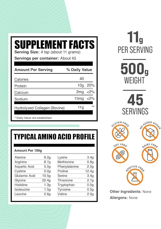 BulkSupplements.com Collagen Peptides Powder - Bovine Collagen Powder Powdered Collagen Supplement - Hydrolyzed &amp Gluten Free 11g per Serving 500g (1.1 lbs) (Pack of 1)