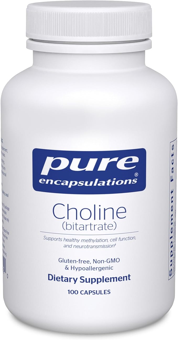 Pure Encapsulations Choline (Bitartrate) - 275 mg Choline (Bitartrate) - Supports Methylation Brain Health &amp Cell Function* - Highly Bioavailable - Vegan &amp Non-GMO - 100 Capsules