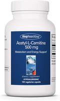 Allergy Research Group Acetyl-L-Carnitine 500mg Supplement - Metabolism and Energy Support ALC Free Form Amino Acid Vegetarian Capsules - 100 Count