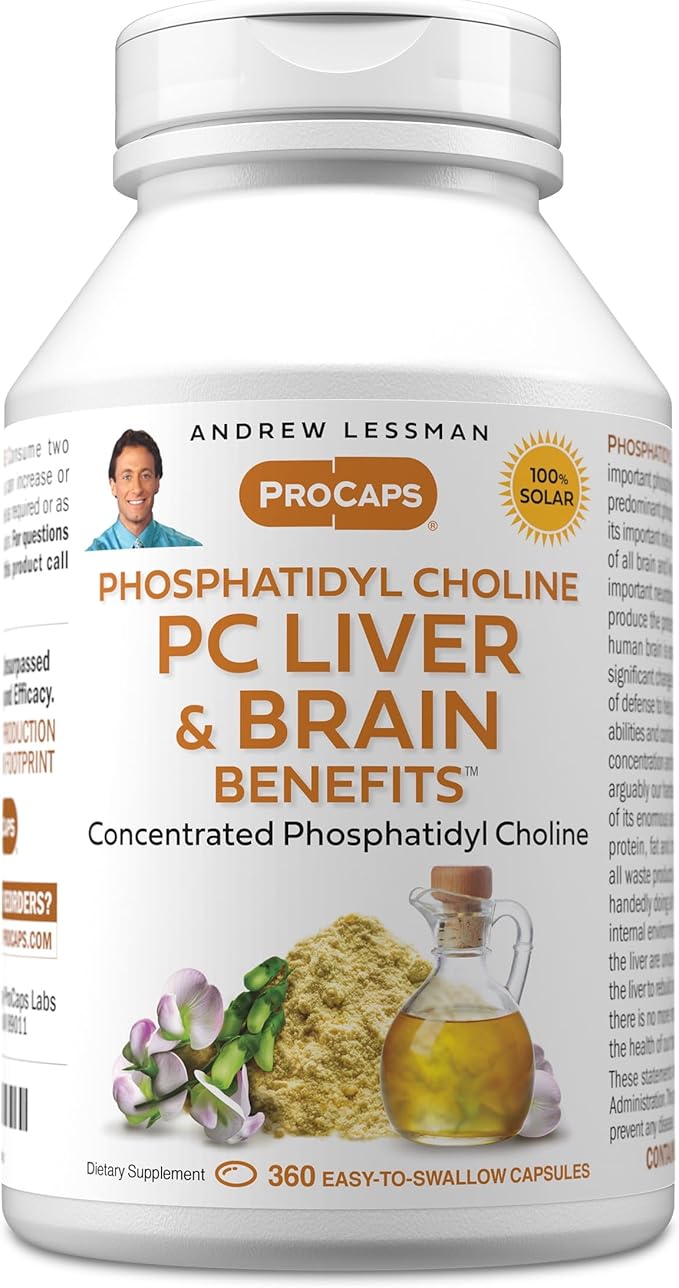 ANDREW LESSMAN PC Liver and Brain Benefits 360 Softgels - Phosphatidyl Choline Most Important Building Block for Healthy Liver and Brain Structure Function. No Additives. Easy to Swallow Softgels
